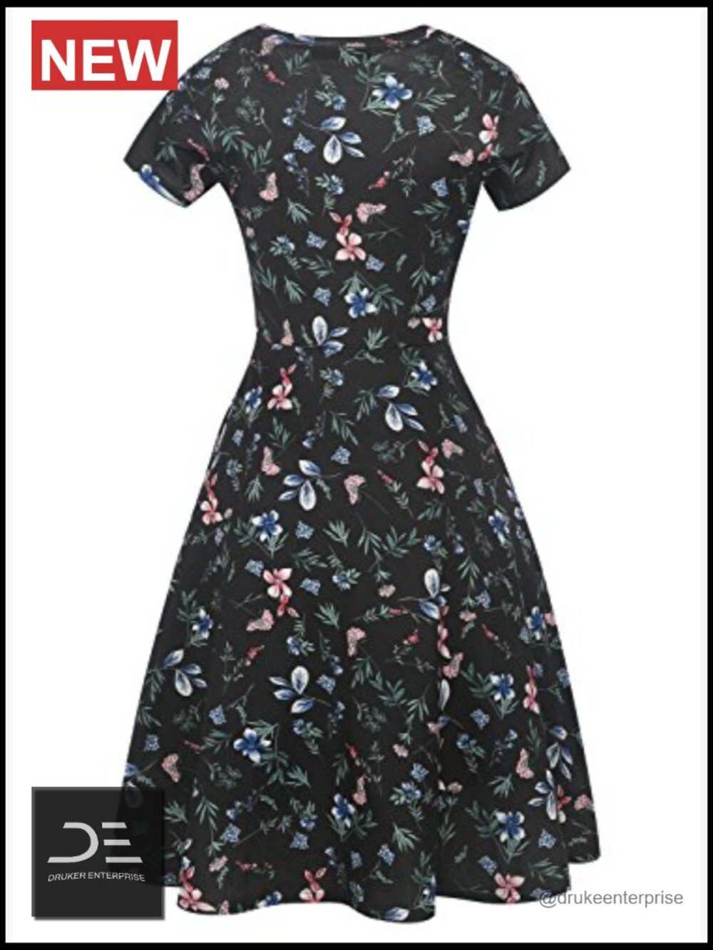Vintage Floral A-Line Swing Dress with Pockets Knee Length Short Sleeve - Picture 4 of 7